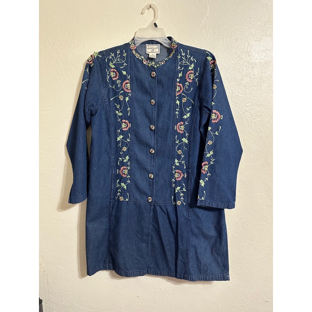 VTG April Cornell Denim Embroidered Tunic M Floral‎ Button Front Cardigan Boho